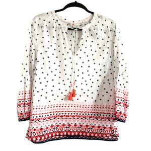 Boden Boho Blouse Top White Blue Pink Floral Tassels Light US 8 UK 12